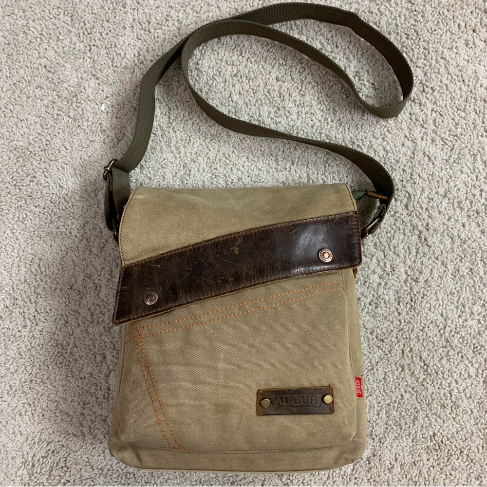 AUGUR Khaki Canvas & BROWN LEATHER Cross Body SAFARI Messenger BAG